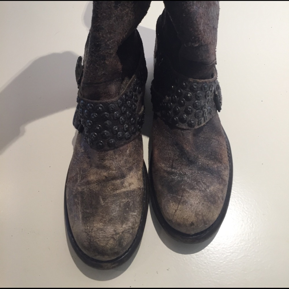 Frye Brown Studded Harness Tall Combat Boot - Picture 2 of 4